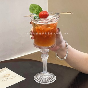 宫廷风浮珠鸡尾酒杯高级感简约竖纹气泡水杯高脚香槟杯特调杯 法式