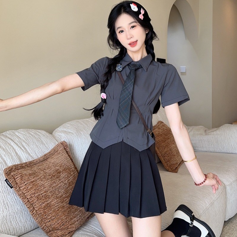 jk制服套装夏季款修身短袖衬衣女辣妹纯欲风日系学院风百褶裙全套