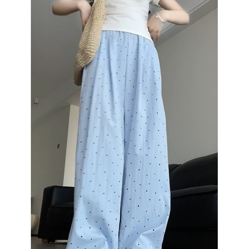 蓝色波点鸭梨身材裤子女胖mm大码显瘦夏日遛弯裤松弛感休闲阔腿裤