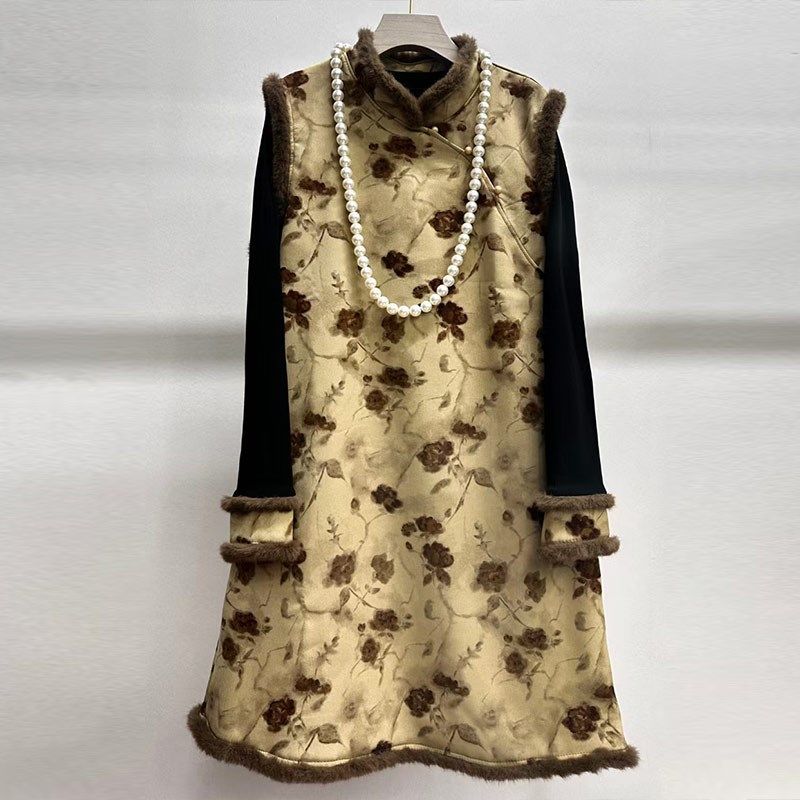 加肥拼色袖口打底衫毛毛盘扣马甲裙法式秋冬款新中式胖妹妹两件套,女装/女士精品,大码套装,淘宝优惠券,粉丝福利购,淘宝优惠卷