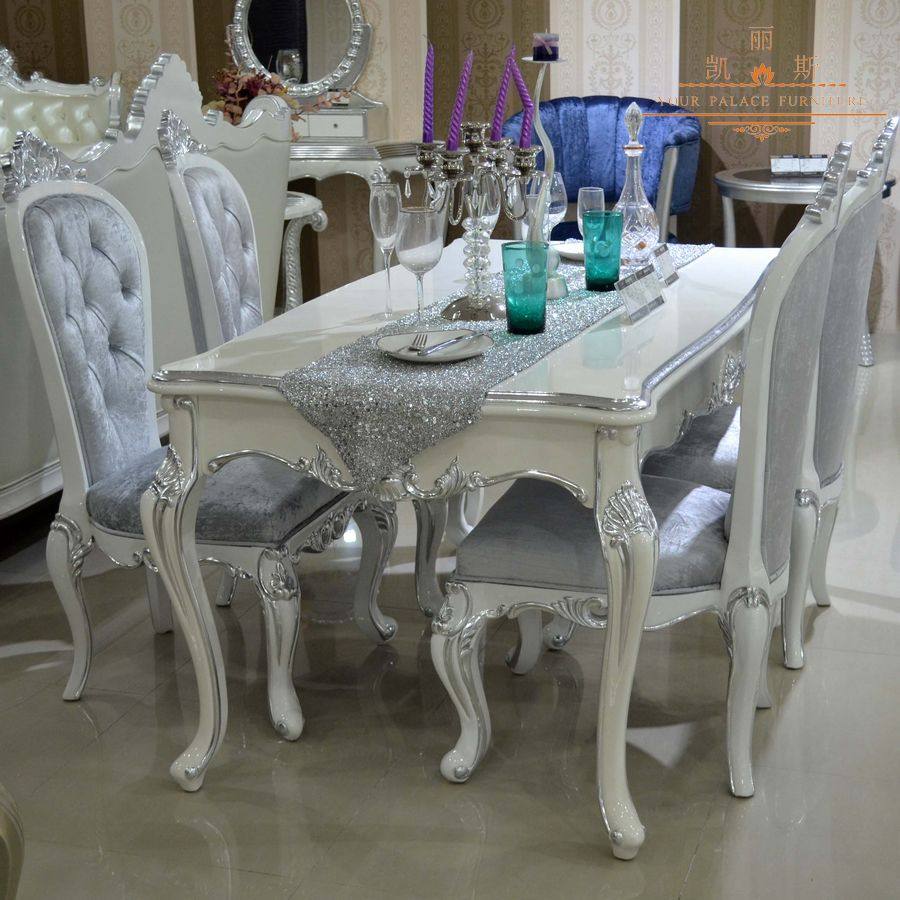 新古典实木长餐桌组合 欧式简约白色烤漆餐桌 订做酒桌饭桌银箔