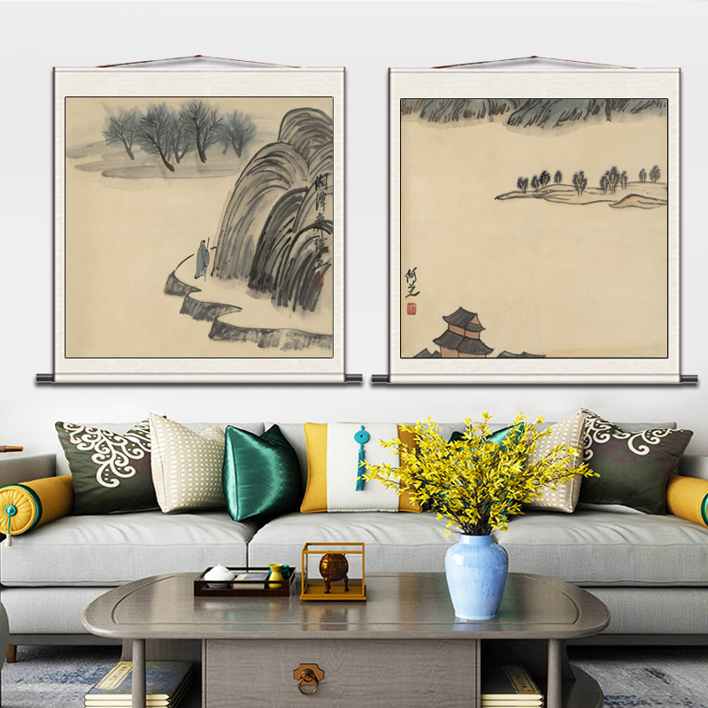 新中式客厅装饰画齐白石水墨山水画斗方挂画书房国画山水名家字画