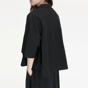 黑色百搭上衣白线拼接手工缝线衬衫 衬衫 外套 女士短袖 陆与山屿新款