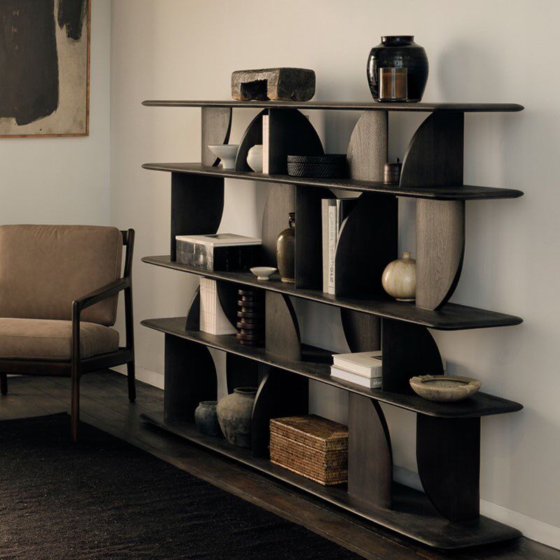 实木书架黑色落地侘寂博古架北欧书柜展示柜客厅中式多宝格