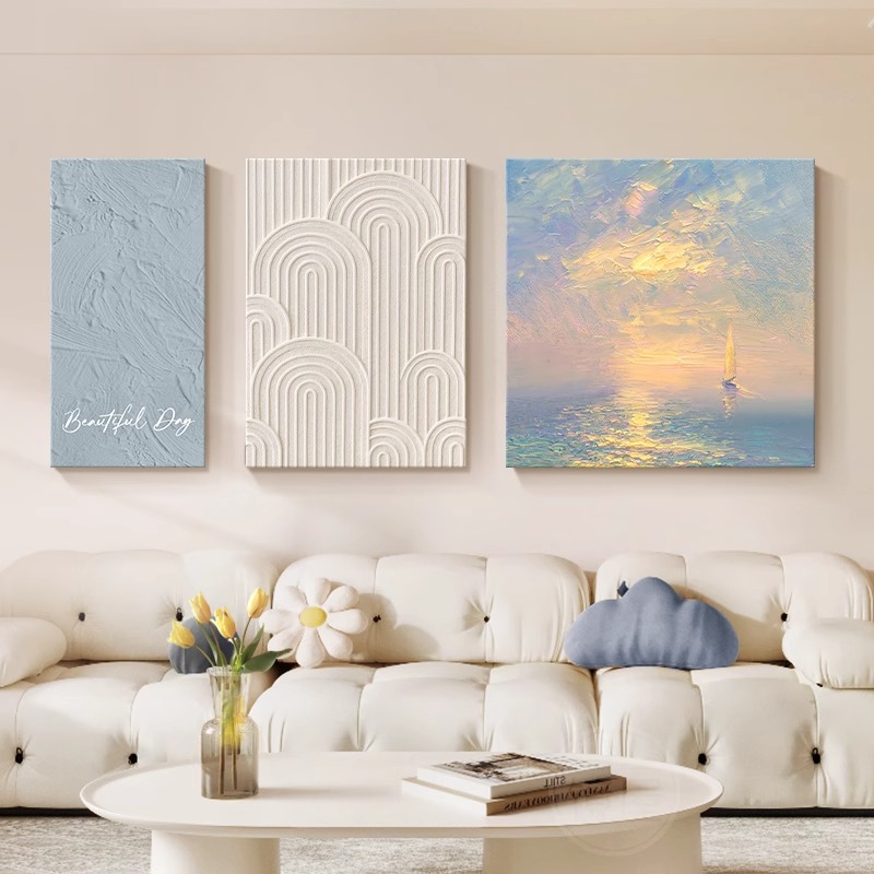 奶油风客厅装饰画日出海景抽象肌理感三联壁画组合沙发背景墙挂画