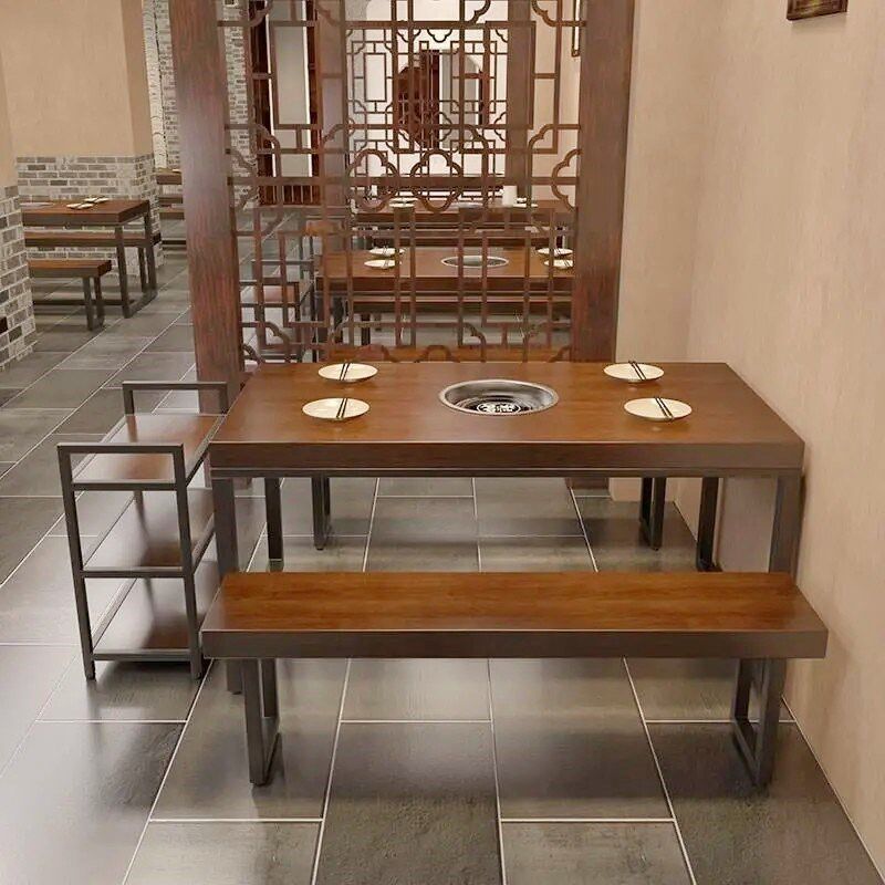 饭店餐厅休闲火锅实木餐桌酒店商用长方形复古桌子W铁艺餐桌椅组