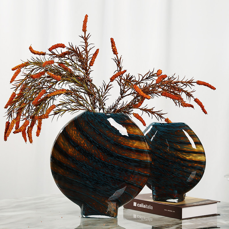 条纹扁圆形玻璃花瓶轻o奢摆件客厅插花电视柜茶几餐边柜花器装饰,家居饰品,装饰摆件,淘宝优惠券,粉丝福利购,淘宝优惠卷