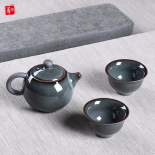 高档龙泉青瓷铁胎盖碗整套功夫茶具E哥窑家用茶壶茶杯茶海礼盒套