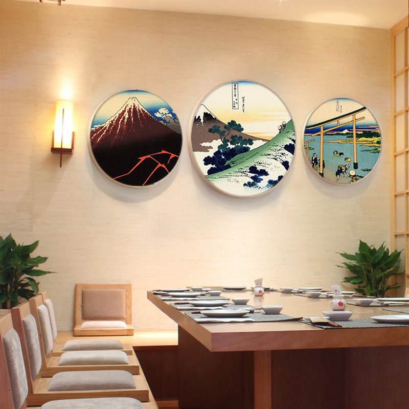 日式餐厅装饰画圆形和风浮世绘挂画料理I店背景墙面创意玄关壁画图片