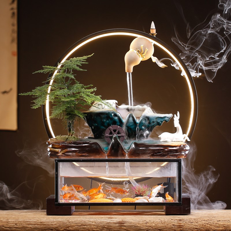 速发中式禅意流水喷泉摆件鱼品悬壶循环水创意居家客厅玄关装饰缸