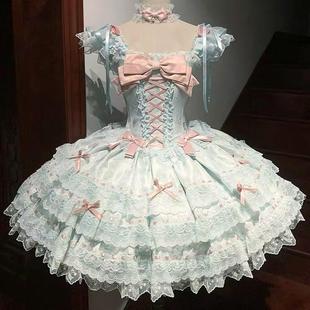 新款 甜美Lolita洛丽塔蝴蝶结方口领连衣裙夏季 减龄显瘦蓬蓬公主裙
