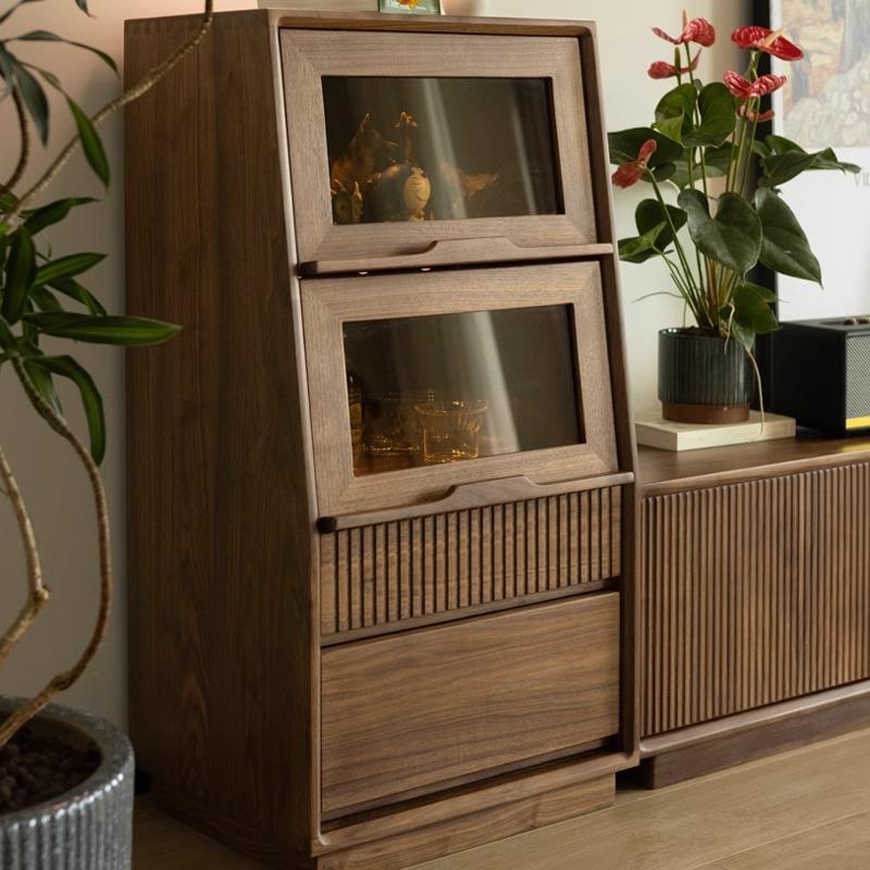 北美黑胡桃木电视边柜客厅全实木玻璃斗柜家用沙发边储物柜餐边柜