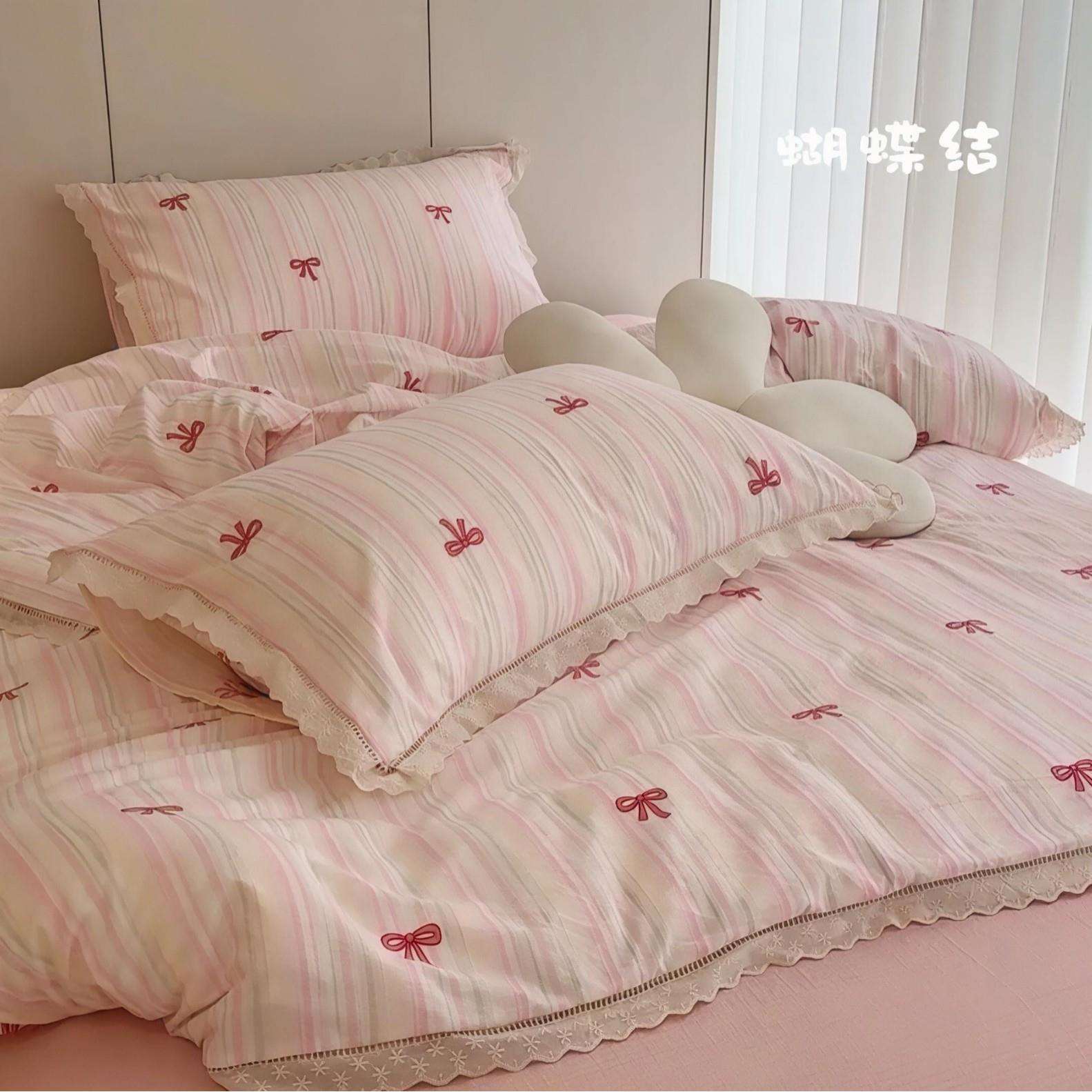 夏日韩版皱皱纱双层纱花边四件套床单床笠学生宿舍三件套套件