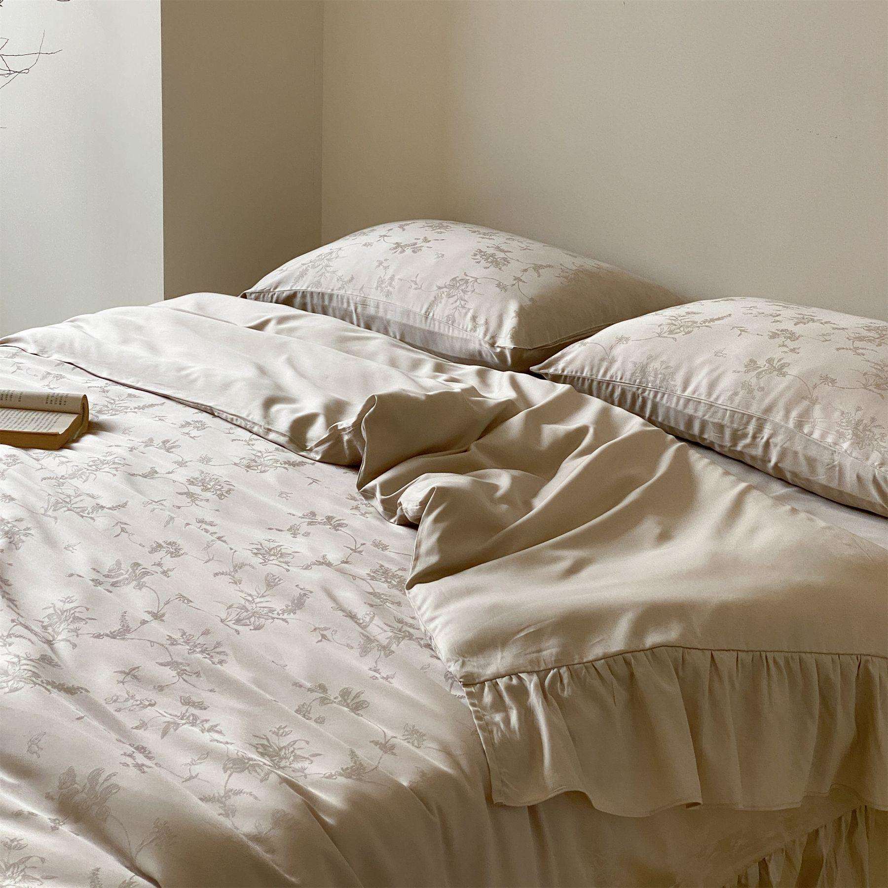 法式公主风荷叶宽边60支天丝棉提花四件套超柔CR轻奢花卉丝滑套件