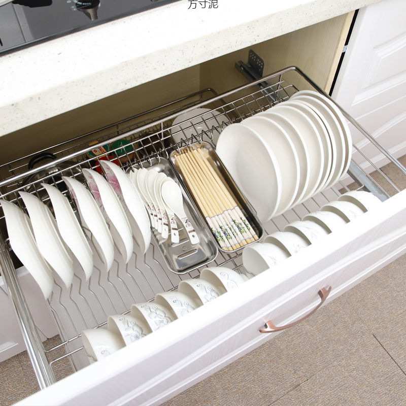 304拉篮不锈钢实心阻尼缓冲橱柜拉蓝抽屉碗架双层碗碟厨房碗拉篮