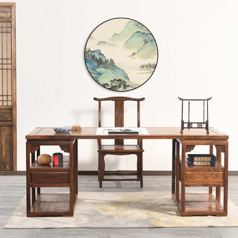 新中式全榆木祥云书画桌书法办公桌写字台禅意书房家用书桌画案