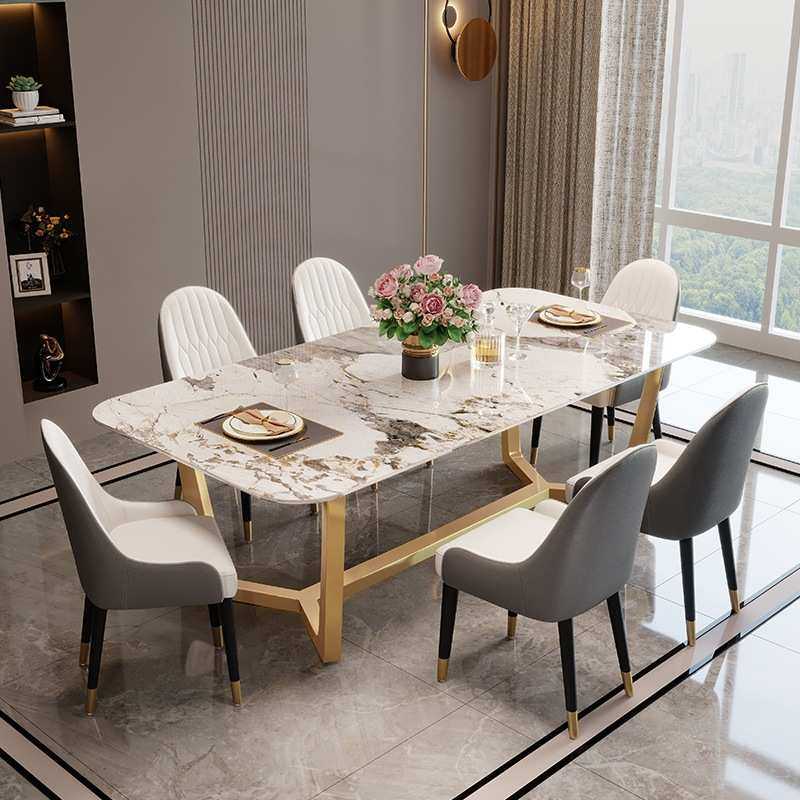 轻奢岩板餐桌现代简约家用小户型不锈钢餐桌椅组合长方形吃饭桌子