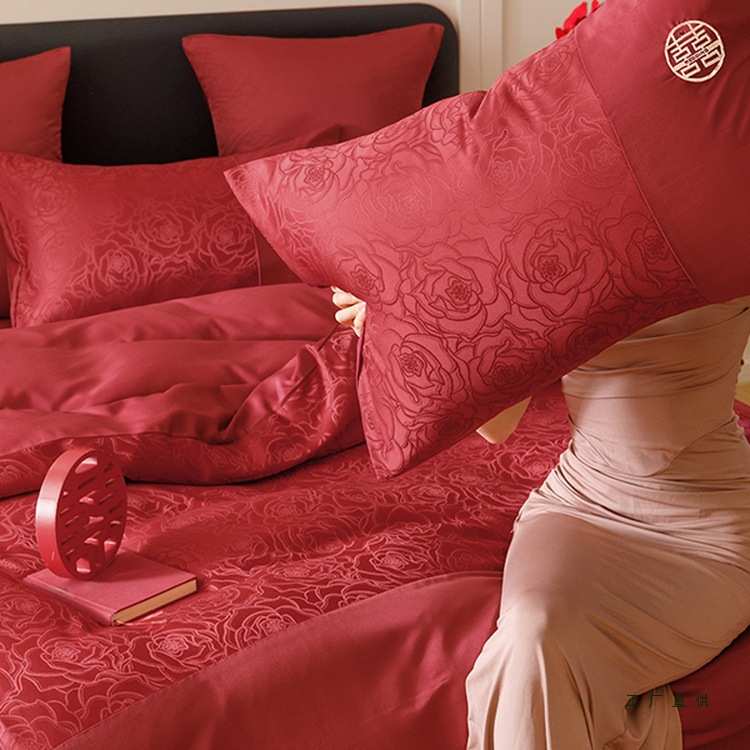 高档提花结婚床上四件套婚庆红色棉质棉质床单被套床笠新婚房喜被