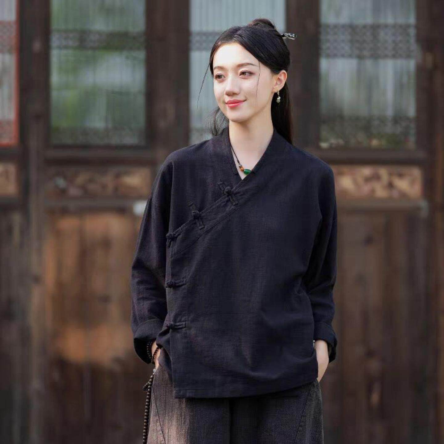 新中式上衣女秋季棉麻中式盘扣
