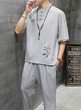 夏季男唐装中山套装青年轻短袖
