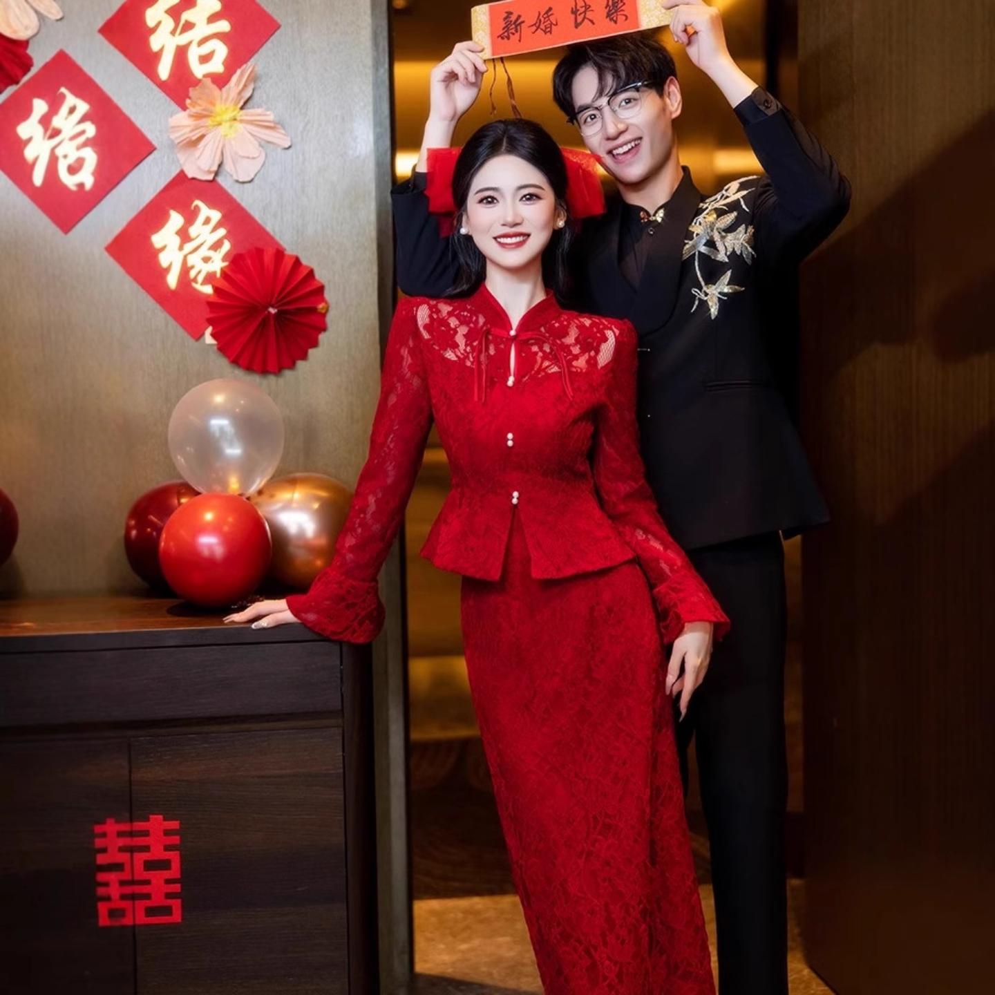 旗袍敬酒服新娘红色订婚礼服