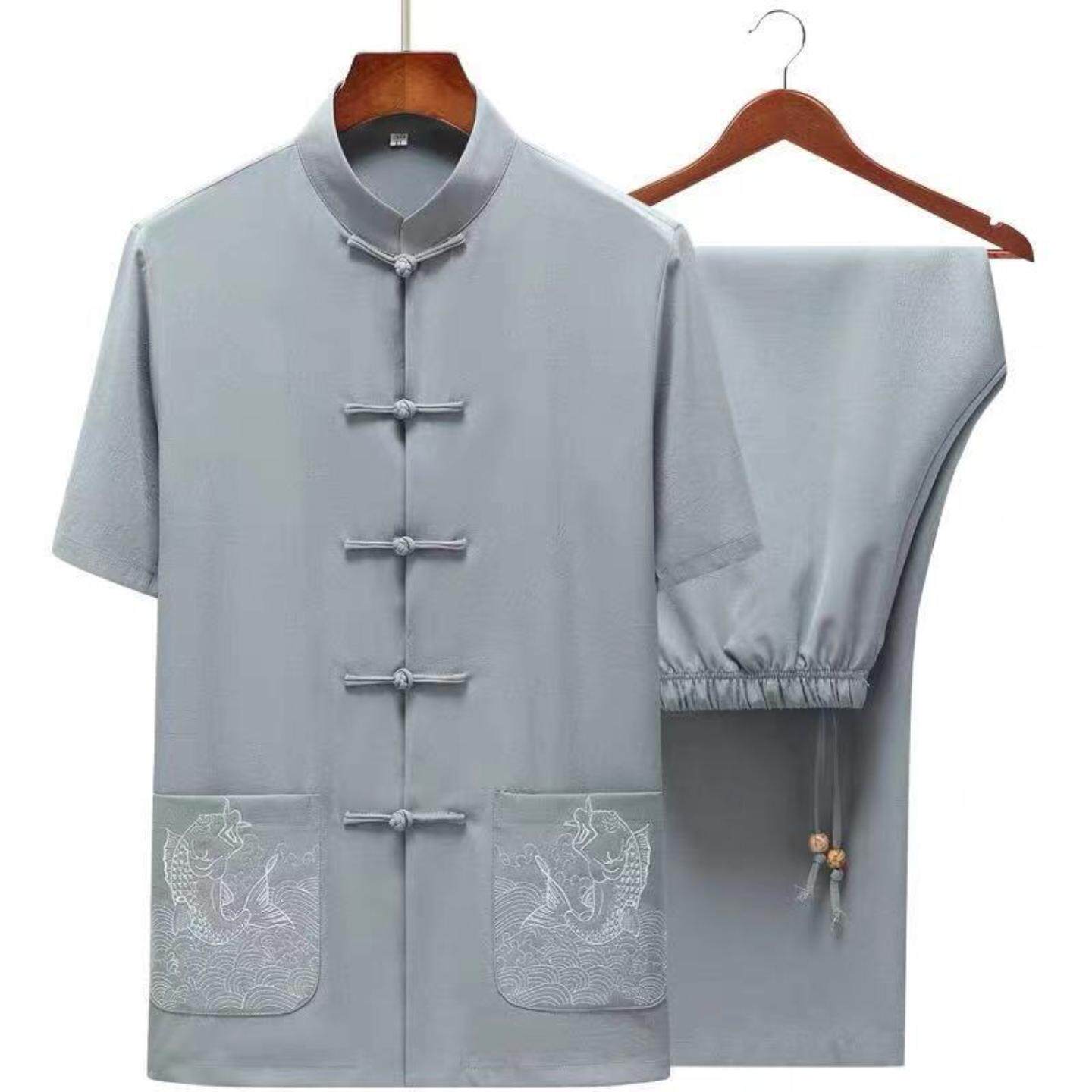 中国风亚麻唐装男套装刺绣居士服