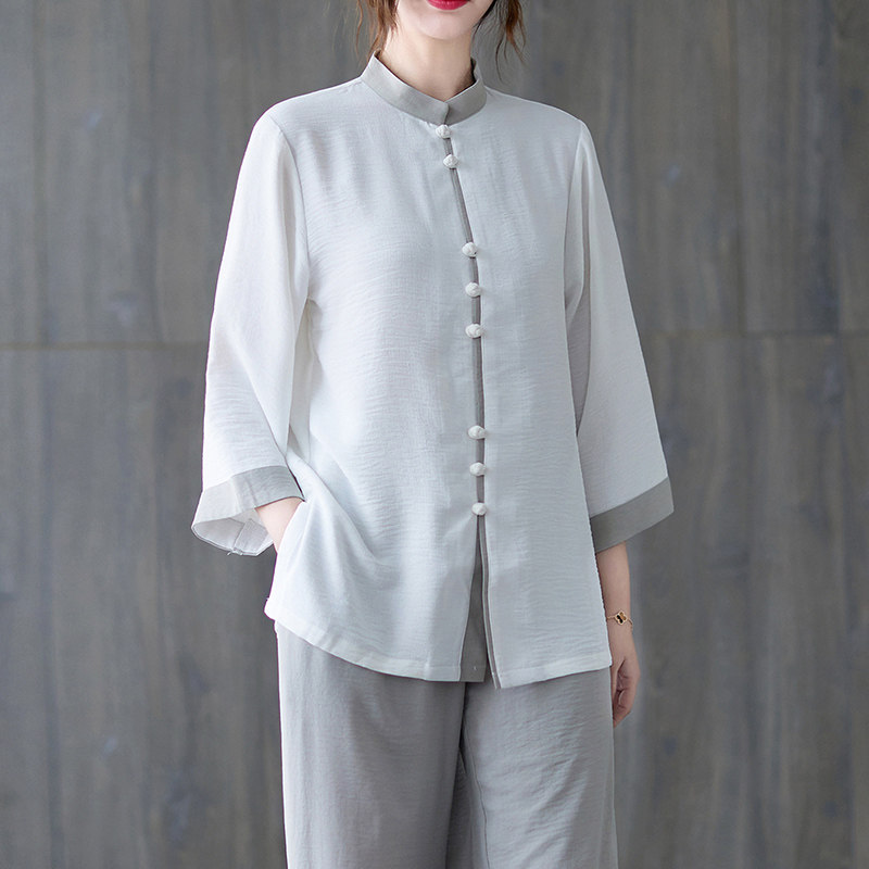 2024新款高端改良棉麻太极练功服太极服春夏款五分袖撞色茶服套装
