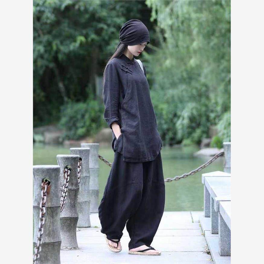 中式民族风盘扣藏青棉麻衬衫女士禅意居士休闲太极服宽松阔腿套装