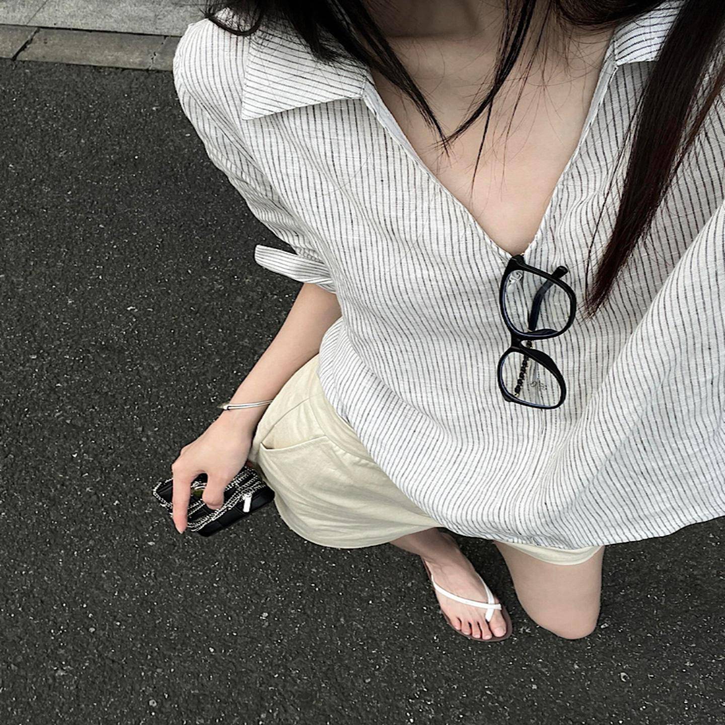 亚麻撞色条纹翻领长袖衬衫女夏季