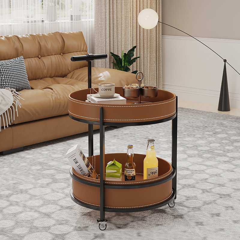 W1TR意式马鞍皮小推车沙发边几客厅家用卧室书房可移动带轮茶几高