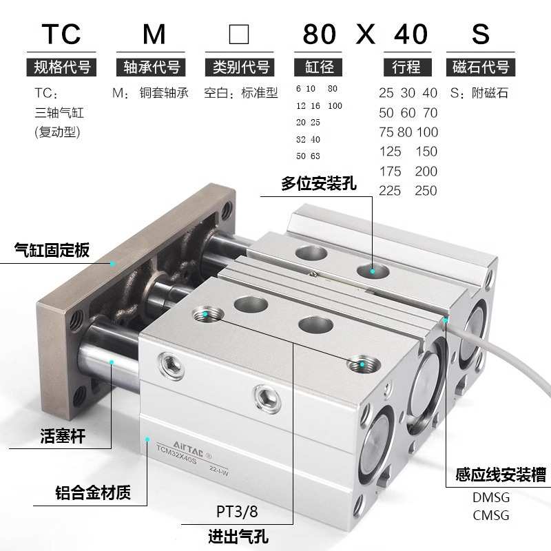 AirTAC亚德客 三轴带导杆气缸 TCM20X70S TCM20X75S TCM20X80S