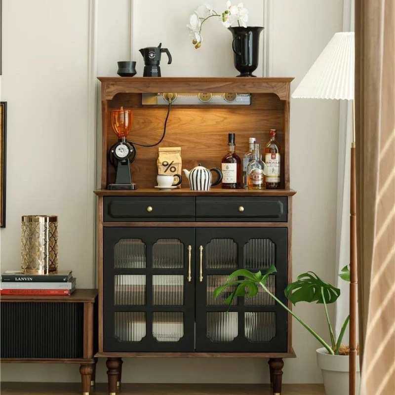 北欧中古餐边复古简约收纳实木法式靠墙一体家用厨房茶水客厅酒柜