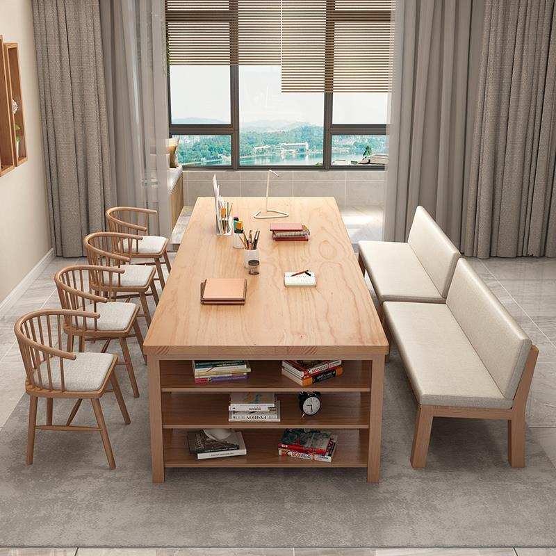 北欧办公室实木办公桌书柜一体 家用带抽屉书桌 工作室长条工作台