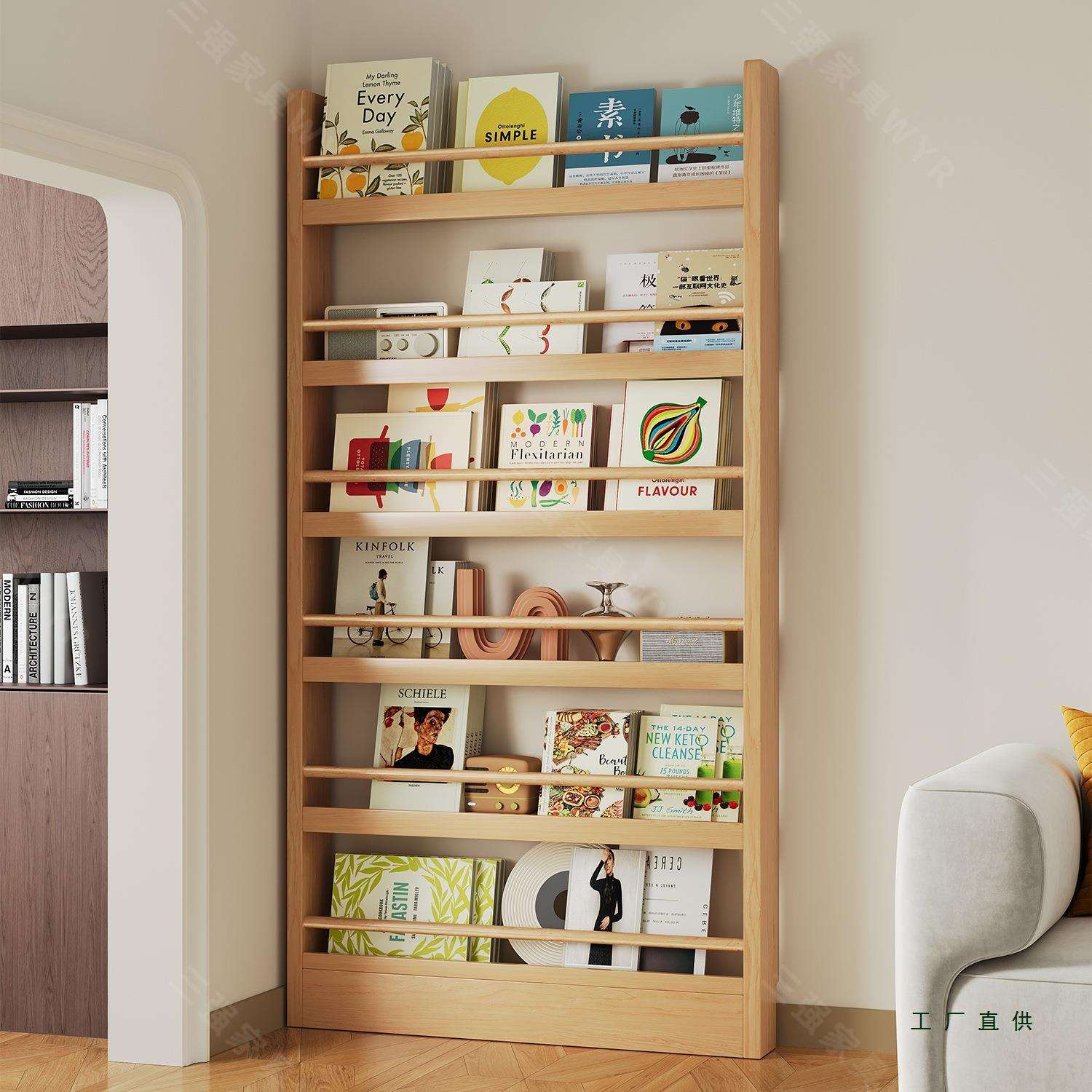 门后书架实木超薄收纳架免打孔墙上多层儿童绘本架一体靠墙置物架