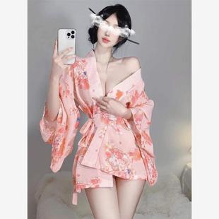 甜美性感深V领花色收腰绑带纯欲和服连衣裙宽松足浴技师工作服女