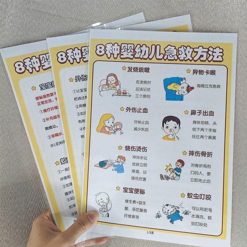 8种婴幼儿急救办法+50个宝宝睡前废话A4双面塑封防水挂图认知卡