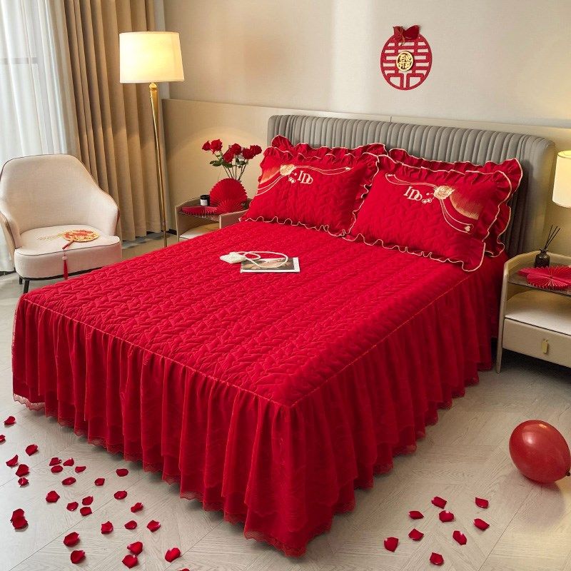 婚庆加厚a磨毛喜庆四件套中式大红色床裙高档刺绣被套结婚床上用,床上用品,婚庆床品套件,淘宝优惠券,粉丝福利购,淘宝优惠卷