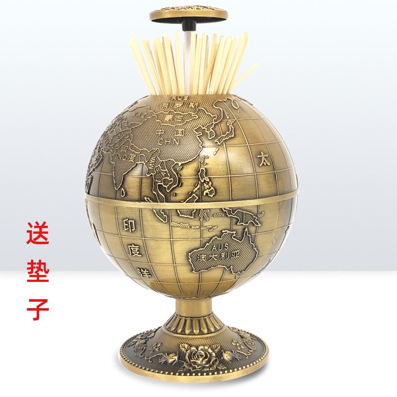 ins欧式复古牙签盒轻奢家用客厅自动弹出按P压式地球仪牙签筒摆件