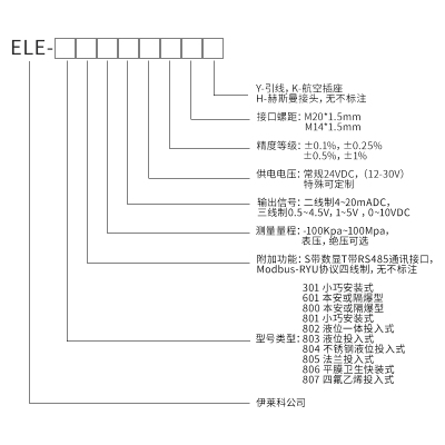 新品伊莱科投入式液位变送器高精度水位计4-2M0mA静压式水箱控制