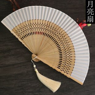 月亮扇 夏季6寸女扇真丝布折扇旗袍走秀M扇方便携带小扇子白色