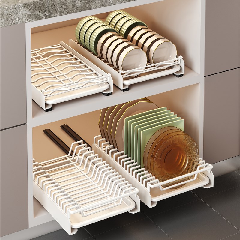 厨房碗碟收纳层架整l体橱柜内置放碗盘沥水架抽拉碗架放碗拉篮餐