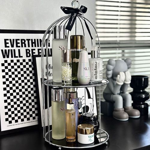 银色鸟笼化妆品置物架香水摆件玄关E桌面展示架浴室护肤品收纳盒