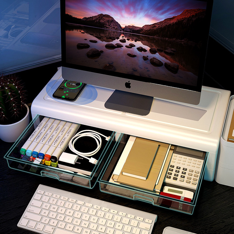 加厚带抽屉台式电k脑增高架办公室桌面显示器屏垫高支架底座收纳