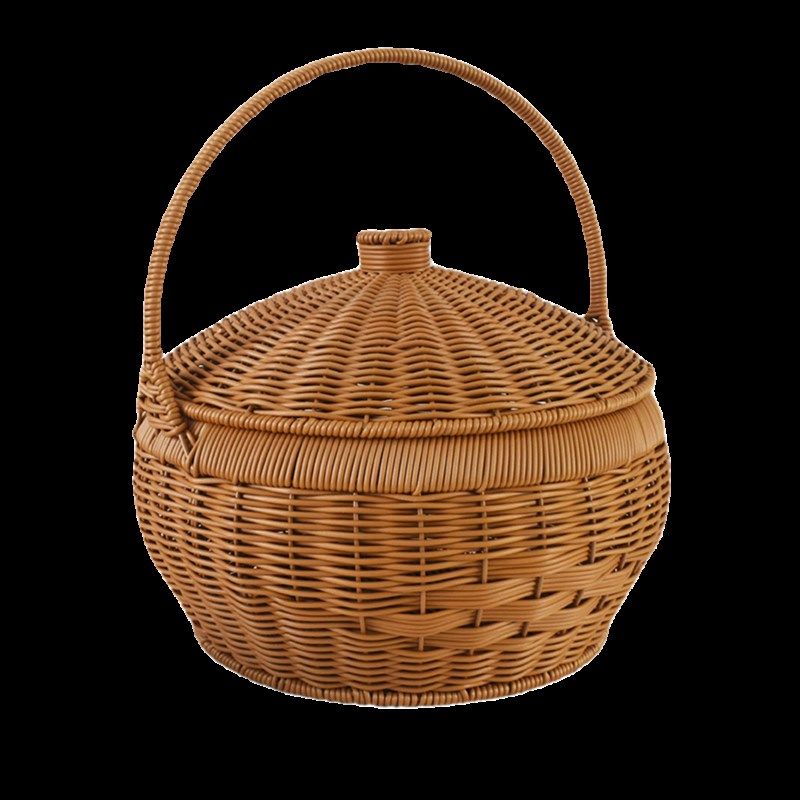 圆形手提水果f篮仿藤编织篮带盖户外野餐篮家用厨房储物果蔬篮菜,收纳整理,其他收纳篮,淘宝优惠券,粉丝福利购,淘宝优惠卷