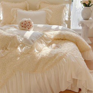 春意浪漫曲法式公主全棉长绒y棉玫瑰四件套纯棉浪漫花边被套床