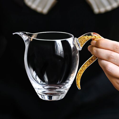 日式玻璃公道杯手工滤茶器茶漏高档分茶器侧把茶海金W箔提手耐热