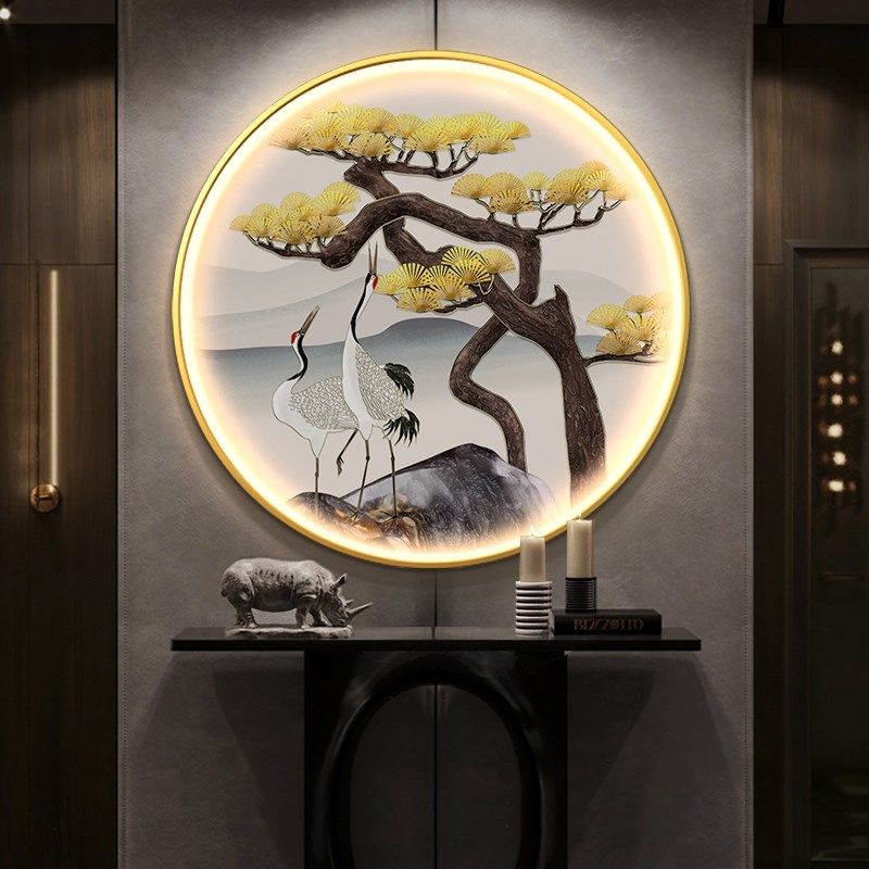 餐厅壁画感应发光带灯挂画新中式玄关装饰画江南山水客厅入户网红