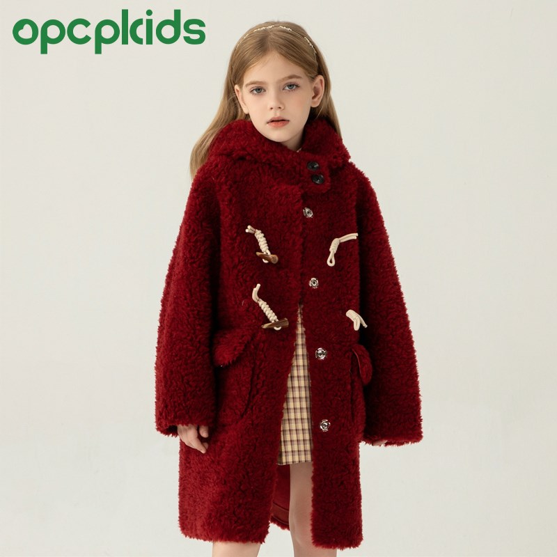 OPCP儿童皮草外套2024秋冬新款女童装提格拉多全羊毛一体宝宝大衣
