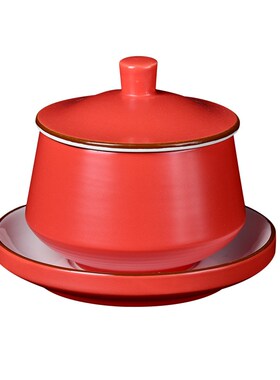 中式哑光红色陶瓷一人份隔水炖盅佛跳墙燕窝甜品碗家用蒸蛋带盖碗