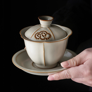 茶具家用茶碗带盖泡茶功夫 米黄汝窑防烫三才盖碗茶杯单个套装